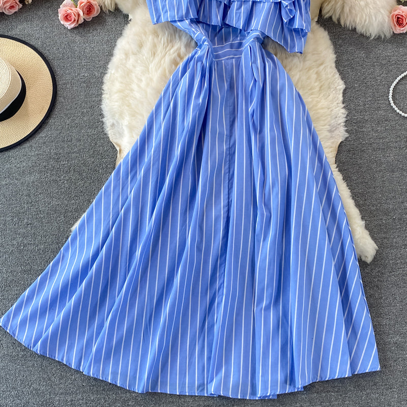 Cute blue stripe dress one shoulder dress  518