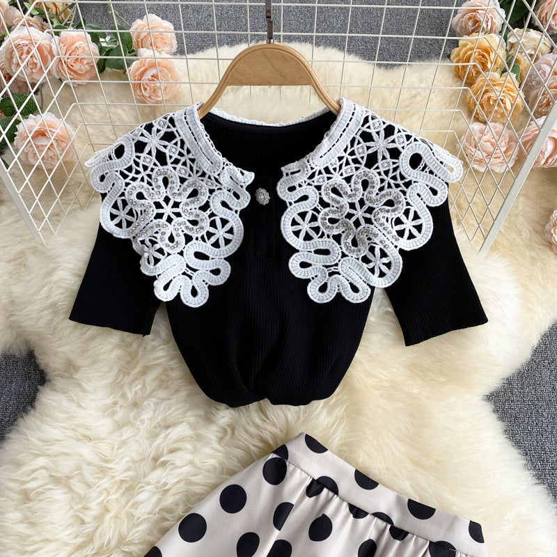 Chemisier tricoté mignon à manches courtes pour la réduction de l'âge, jupe à pois tout-en-un, costume deux pièces à la mode 598