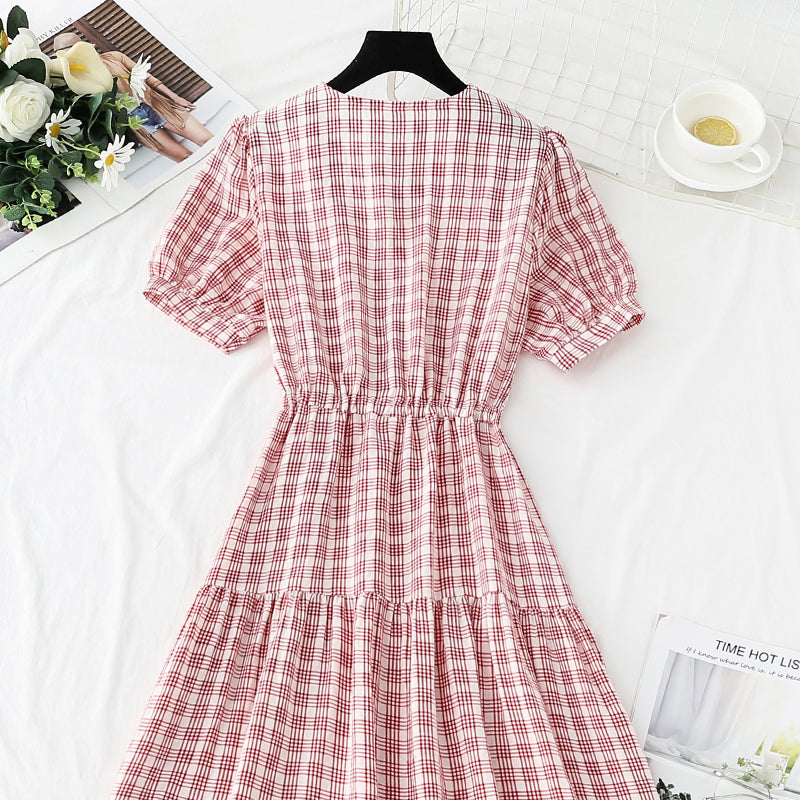 Süßes kariertes Kleid mit V-Ausschnitt, modisches Kleid 478