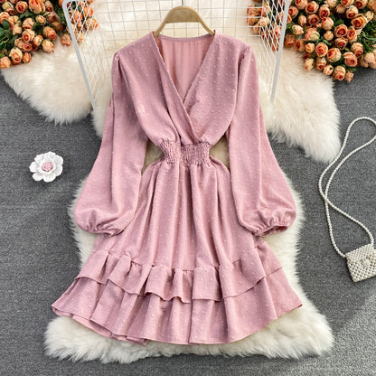 Süßes Langarmkleid mit V-Ausschnitt, Modekleid 413