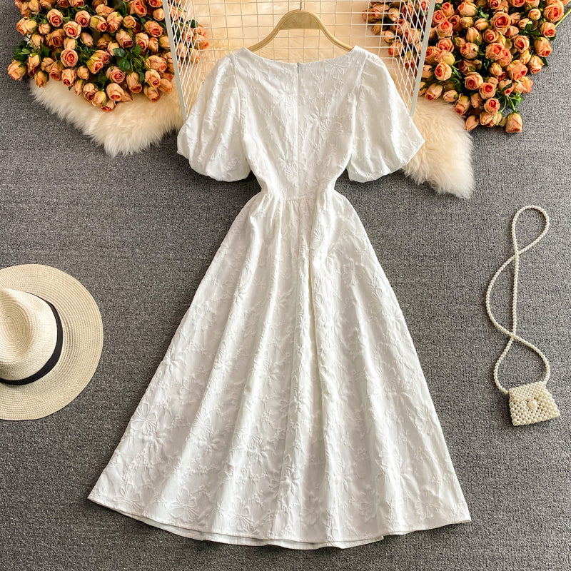 Sweet white puff sleeve dress white A line dress  583