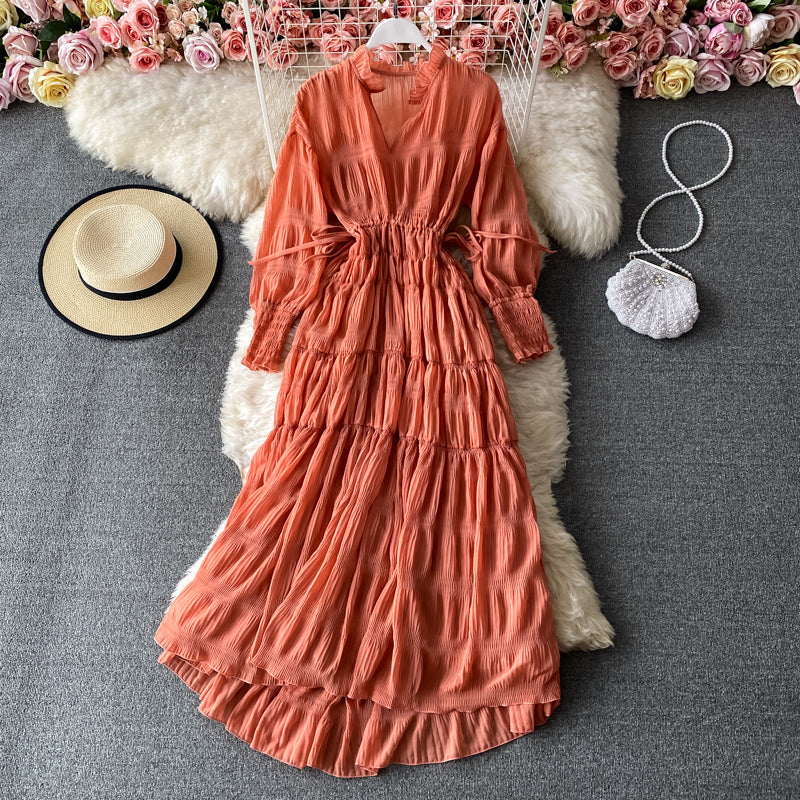 Süßes A-Linie V-Ausschnitt langes Kleid Modekleid 456