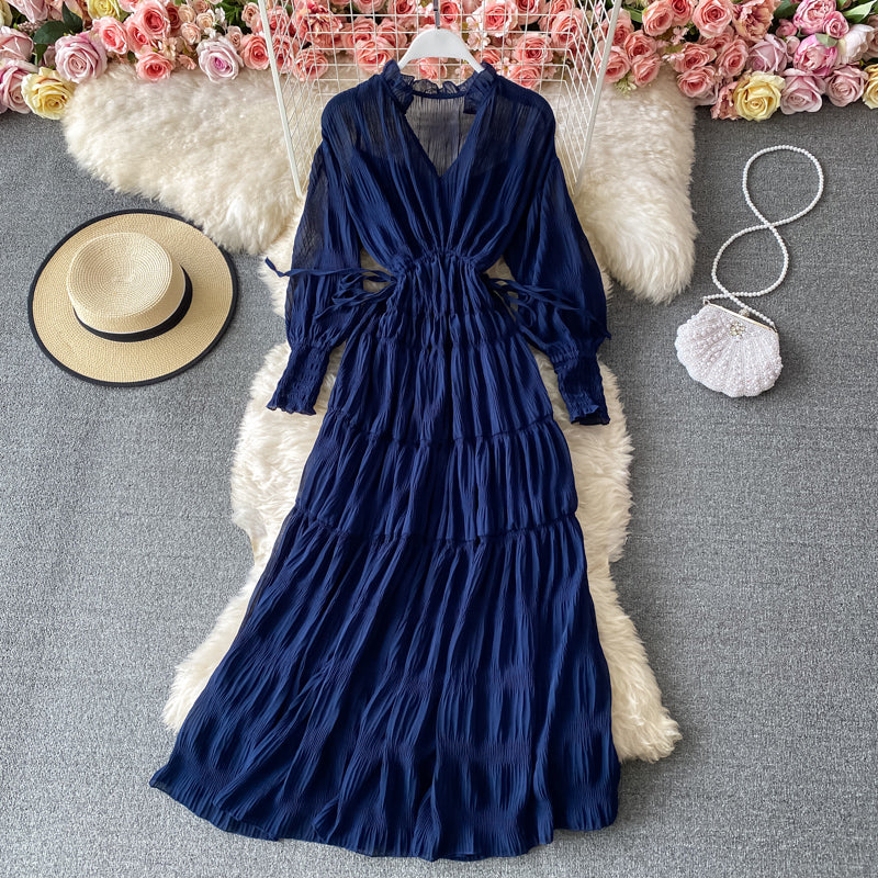 Süßes A-Linie V-Ausschnitt langes Kleid Modekleid 456