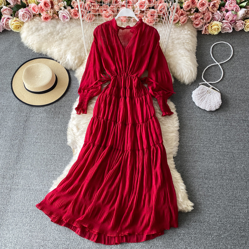 Süßes A-Linie V-Ausschnitt langes Kleid Modekleid 456