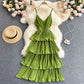 Lovely V-neck slim mid-length pleated ruffle dress  614