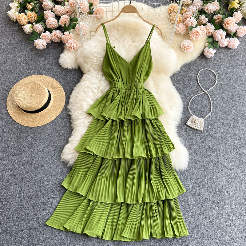 Lovely V-neck slim mid-length pleated ruffle dress  614