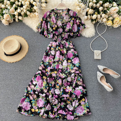 Cute v neck floral dress A line fashion dress  502