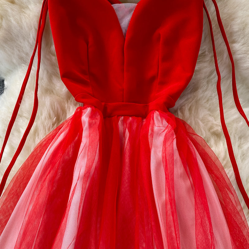 Cute gradient v neck tulle short dress fashion dress  453