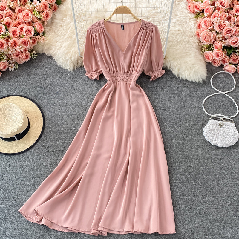 Simple v neck chiffon short dress A line dress  457