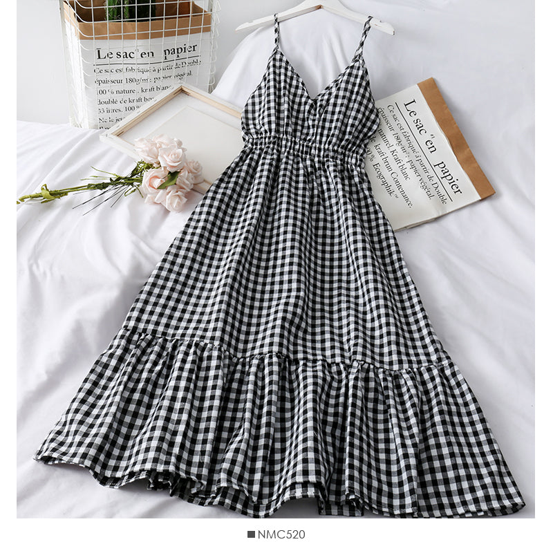 Jolie robe à carreaux à col en V Robe trapèze tendance 500