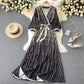 New gradient color polka dot temperament mid-sleeve lace-up waist dress  596