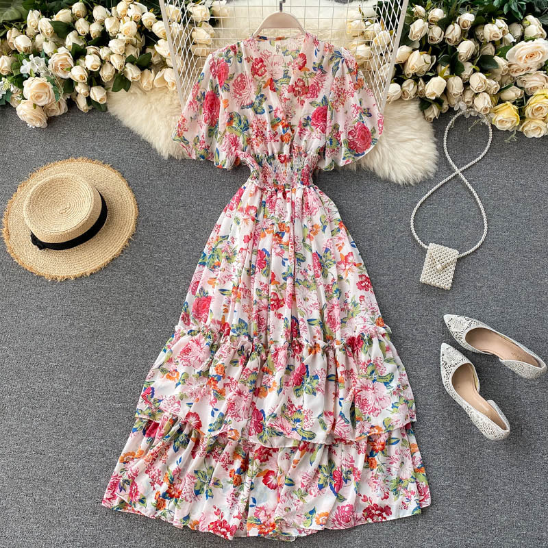 Cute v neck floral dress A line fashion dress  502