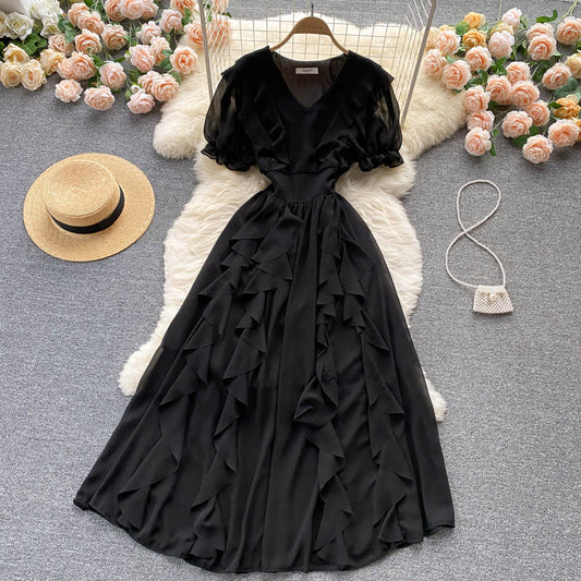 Süßes kurzes Kleid aus Chiffon mit V-Ausschnitt, Modekleid 471