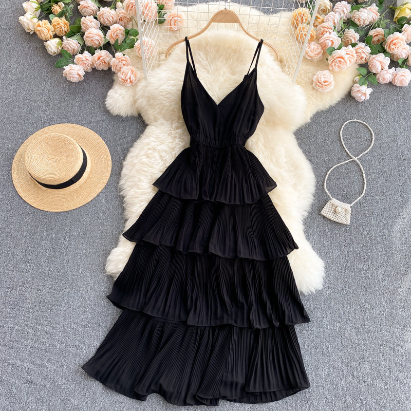 Lovely V-neck slim mid-length pleated ruffle dress  614