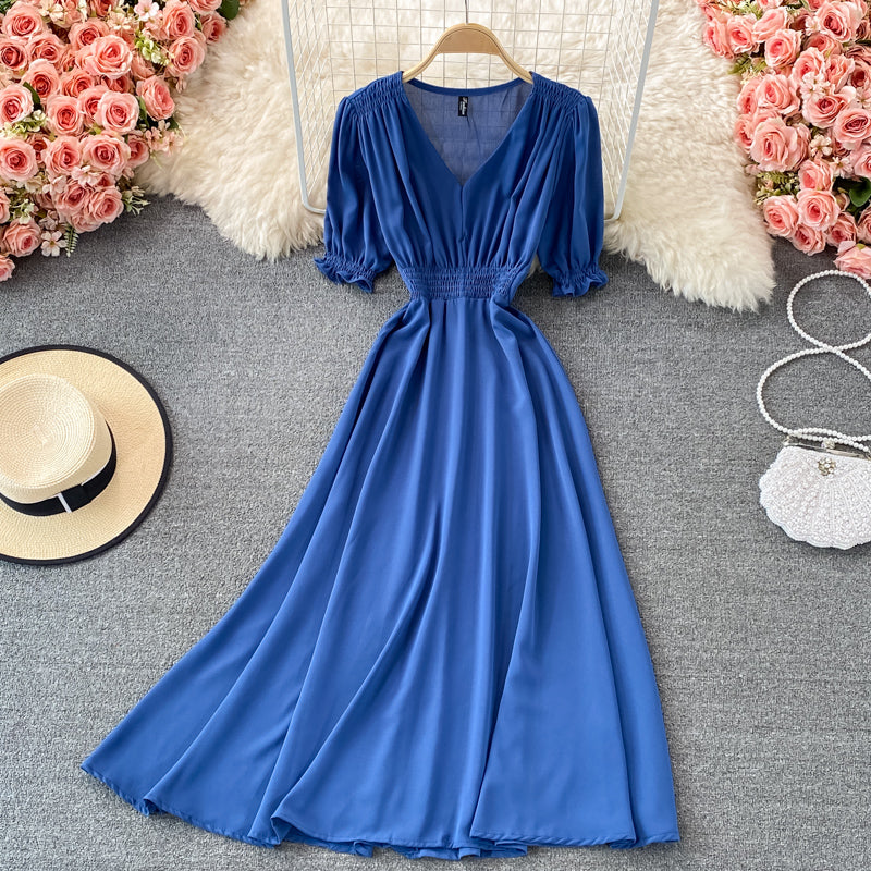 Simple v neck chiffon short dress A line dress  457