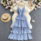 Lovely V-neck slim mid-length pleated ruffle dress  614