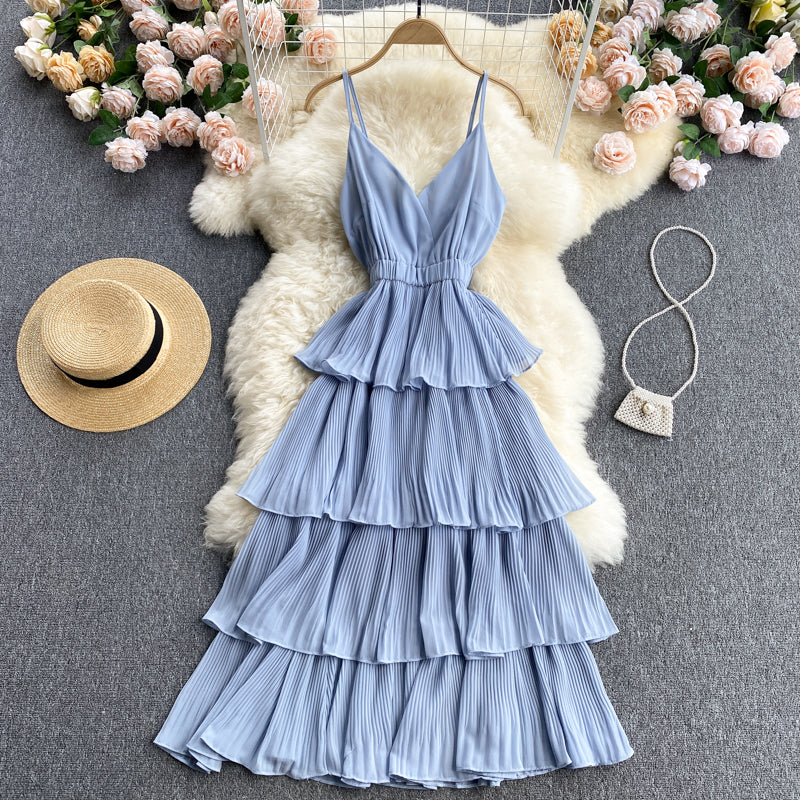Lovely V-neck slim mid-length pleated ruffle dress  614