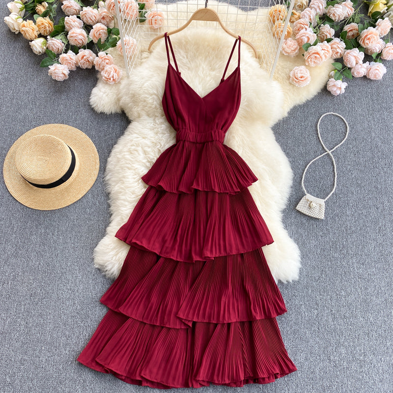 Lovely V-neck slim mid-length pleated ruffle dress  614