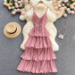 Lovely V-neck slim mid-length pleated ruffle dress  614