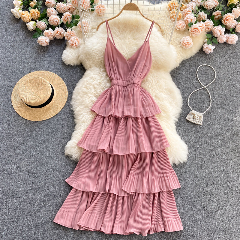 Lovely V-neck slim mid-length pleated ruffle dress  614