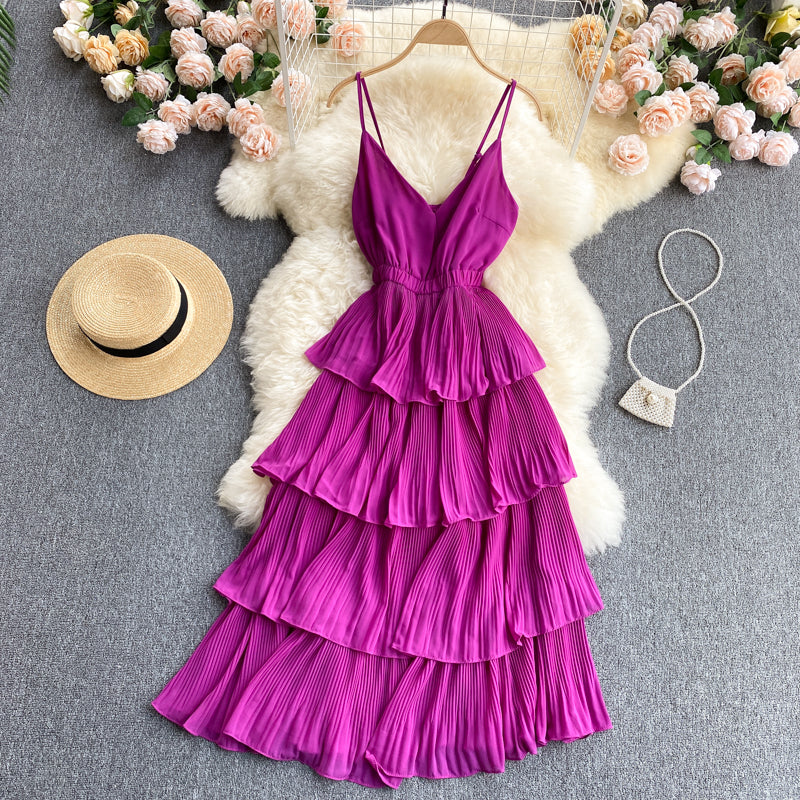 Lovely V-neck slim mid-length pleated ruffle dress  614