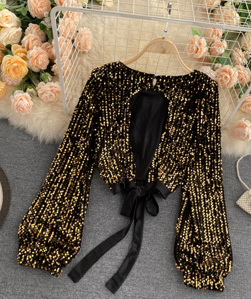 Shiny long sleeve sequins tops open back tops  368