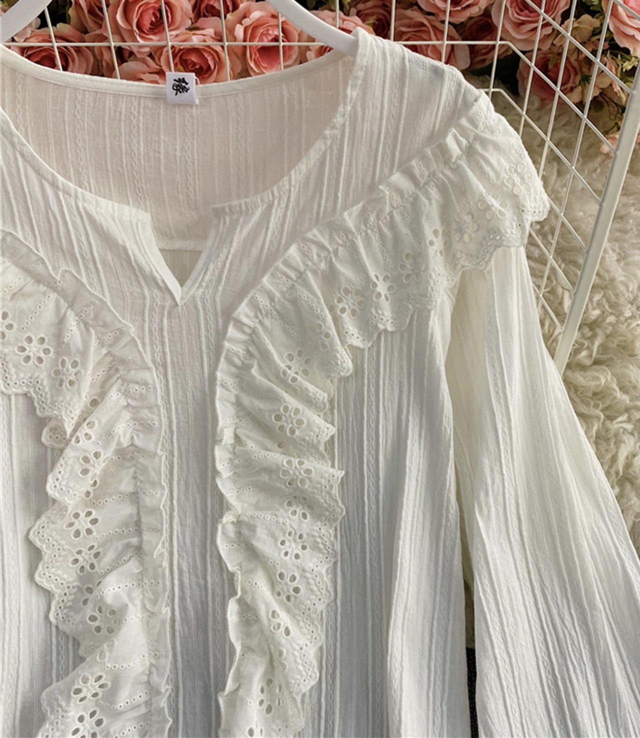 Weiße Spitzentops Langarmshirts 346