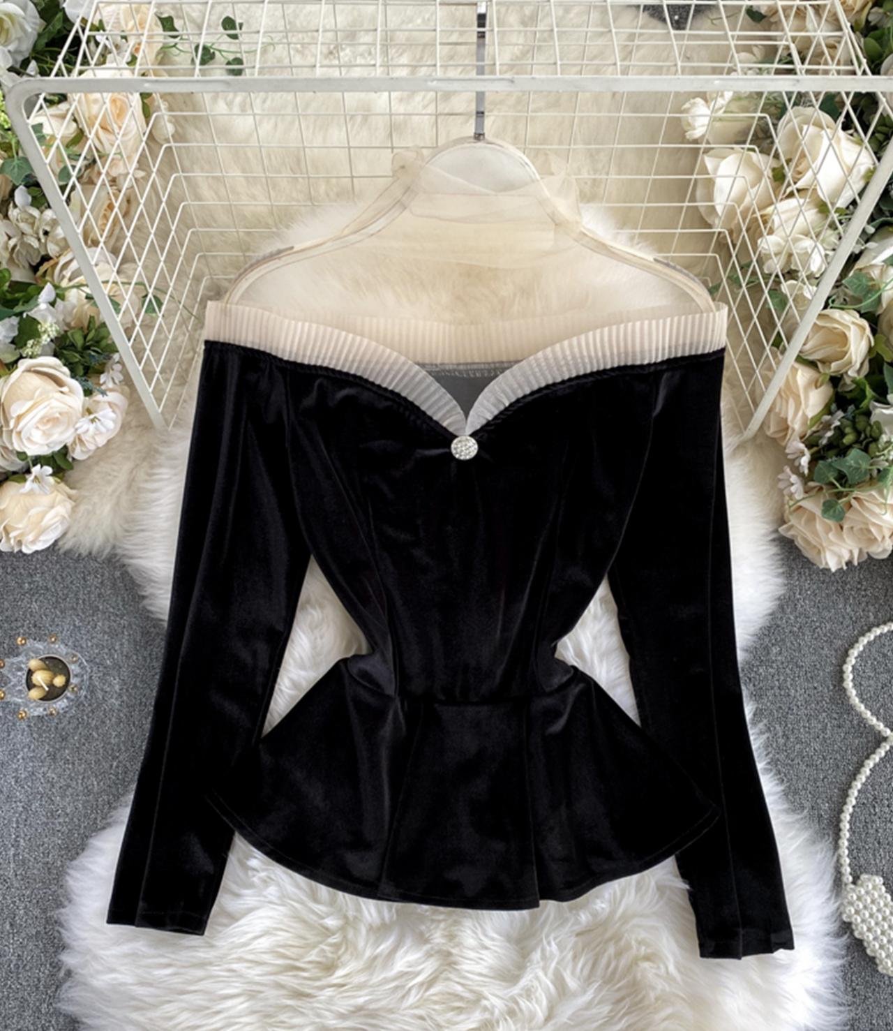Stylish velvet tops long sleeve see through tops  333