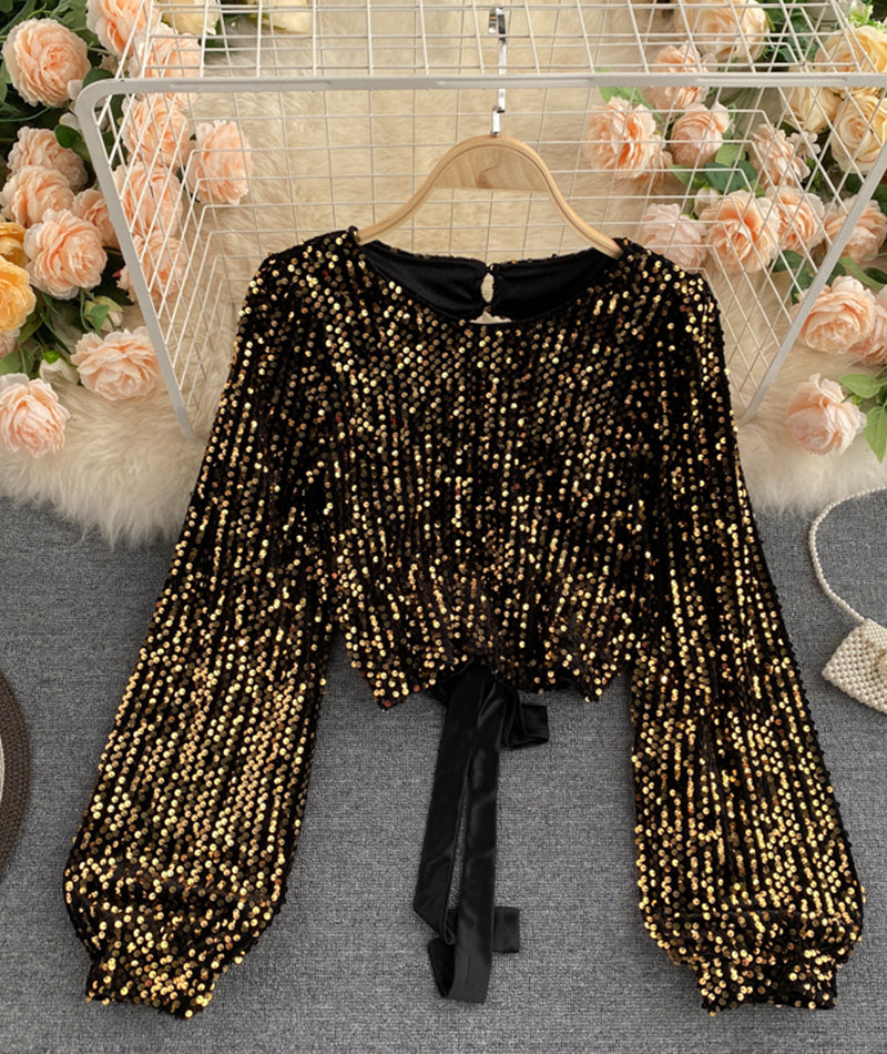 Shiny long sleeve sequins tops open back tops  368