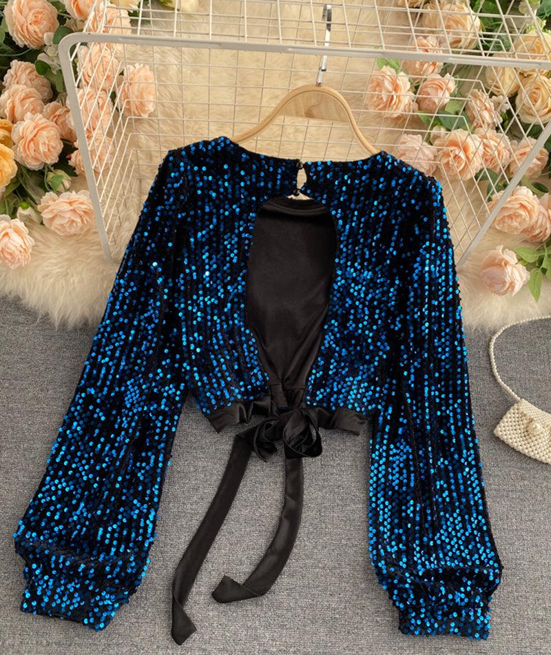 Shiny long sleeve sequins tops open back tops  368
