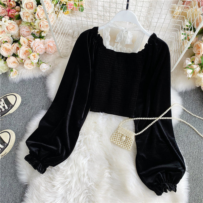 Black velvet long sleeve tops  319