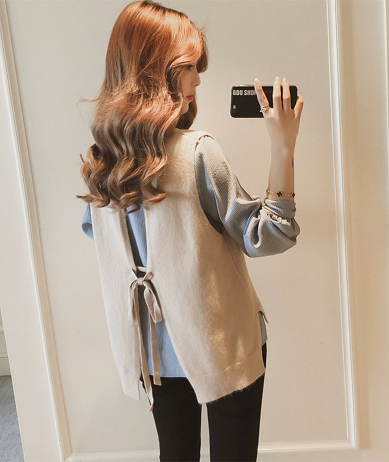 Cute sweater vest + long-sleeved striped shirt  367