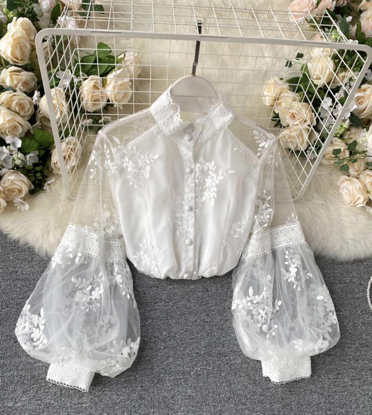 White Fashion Lace Long Sleeve Shirt Top 342