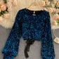 Shiny long sleeve sequins tops open back tops  368