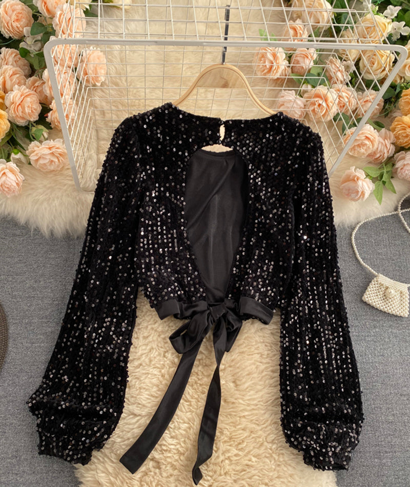 Shiny long sleeve sequins tops open back tops  368