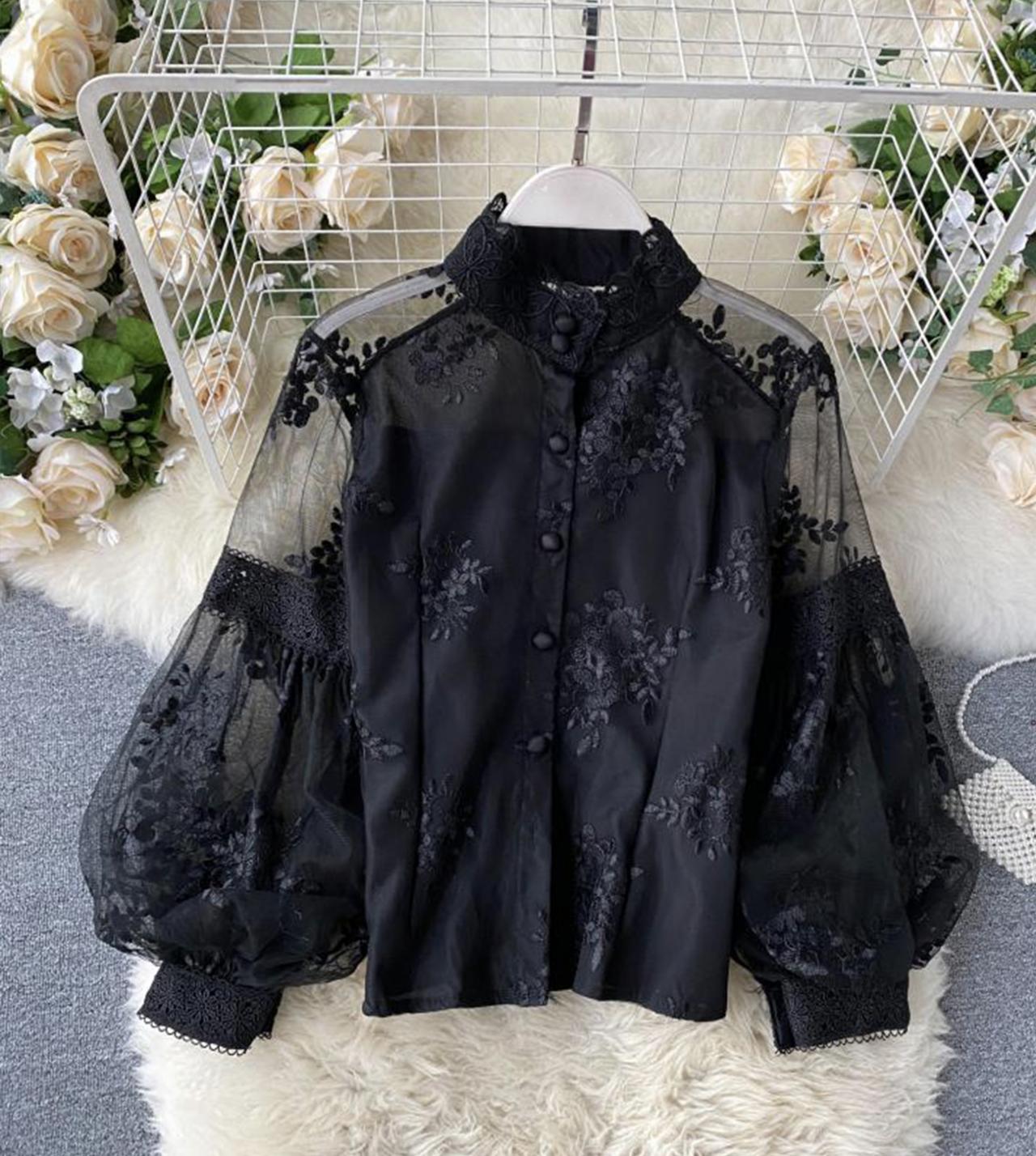 White Fashion Lace Long Sleeve Shirt Top 342