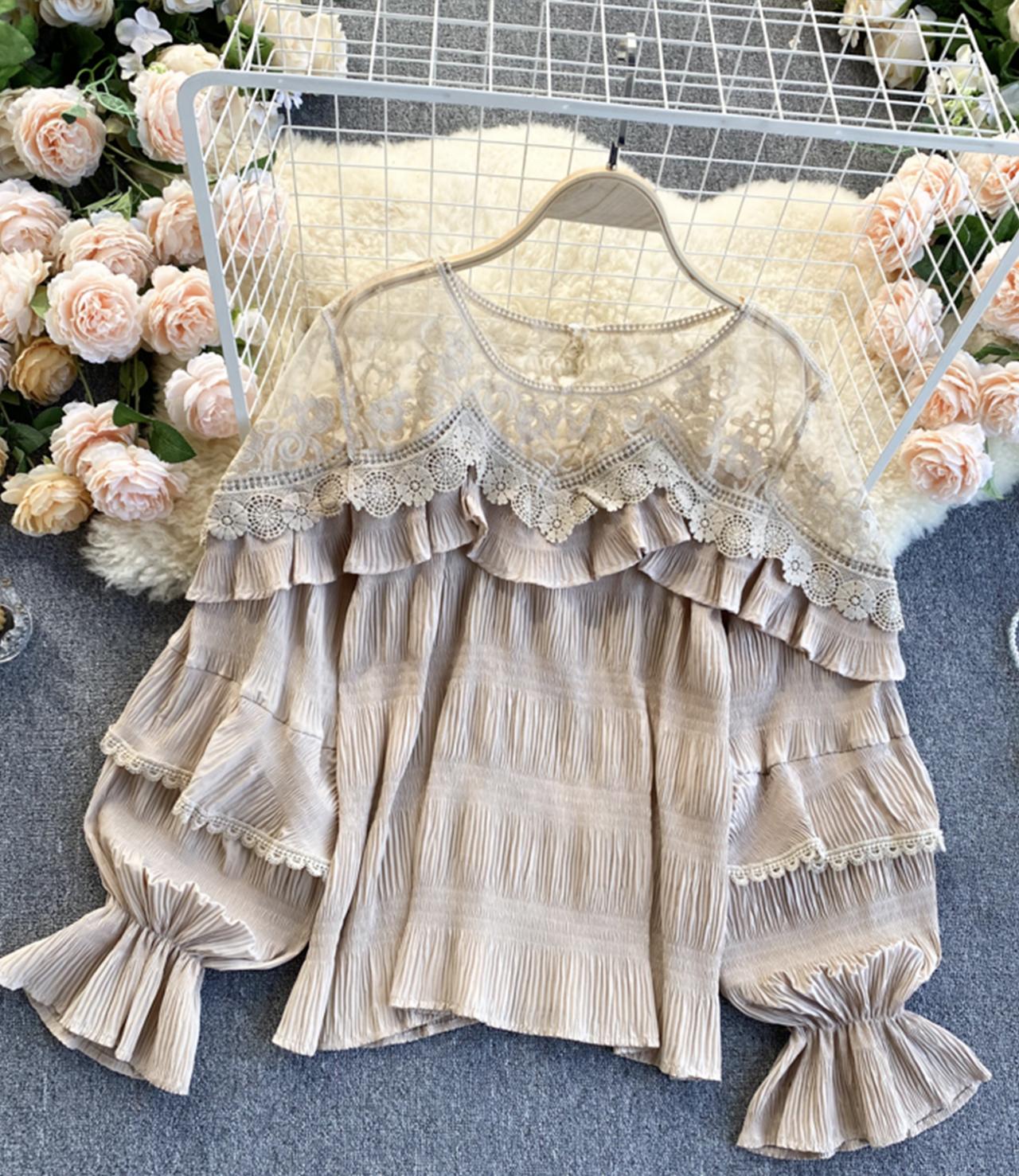 Stylish long sleeve tops see through lace tops  331