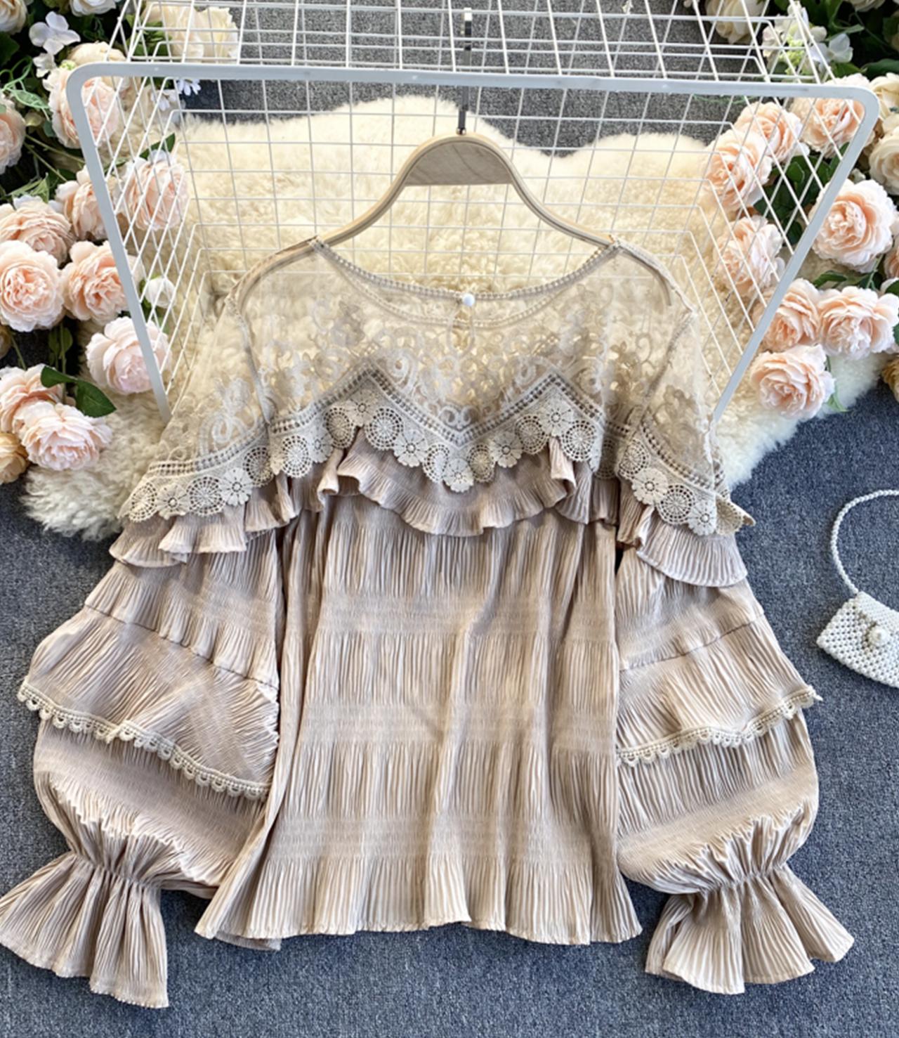 Stylish long sleeve tops see through lace tops  331