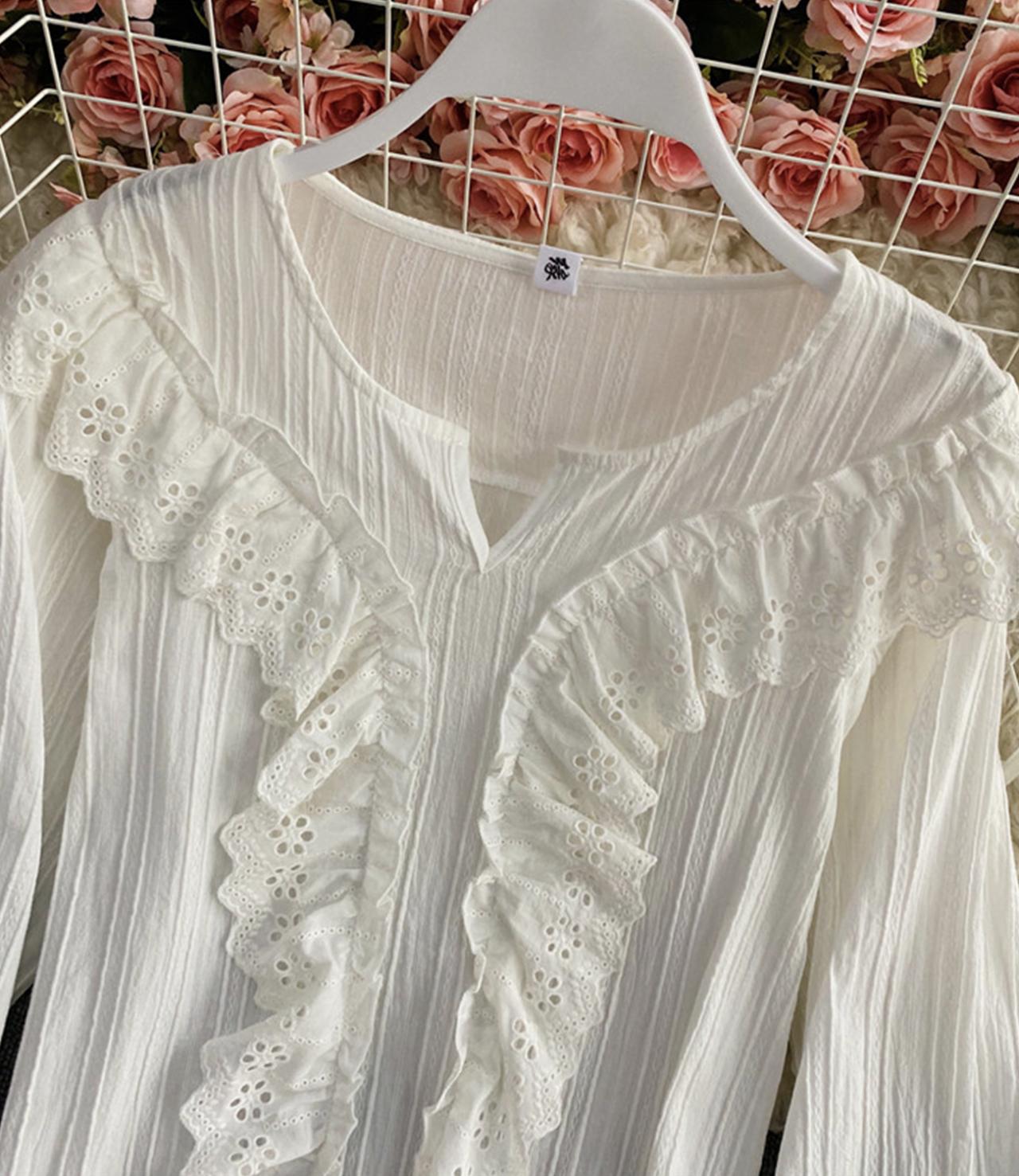 Weiße Spitzentops Langarmshirts 346