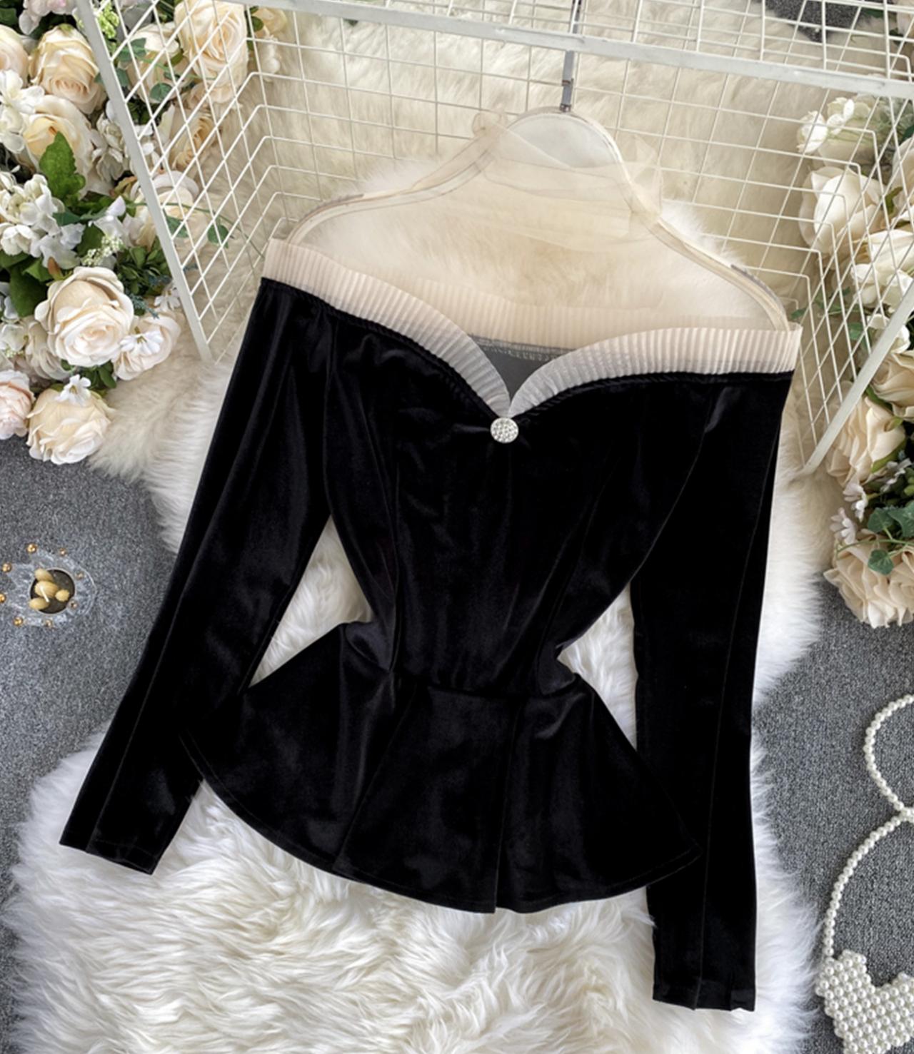 Stylish velvet tops long sleeve see through tops  333
