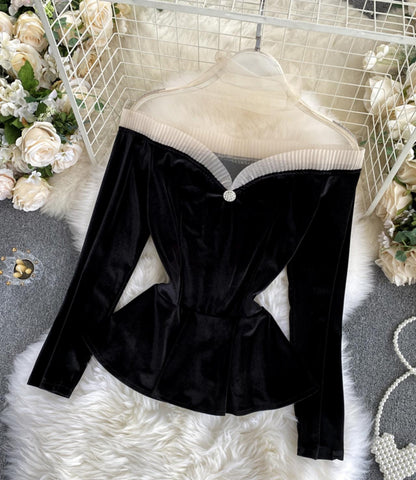 Stylish velvet tops long sleeve see through tops  333