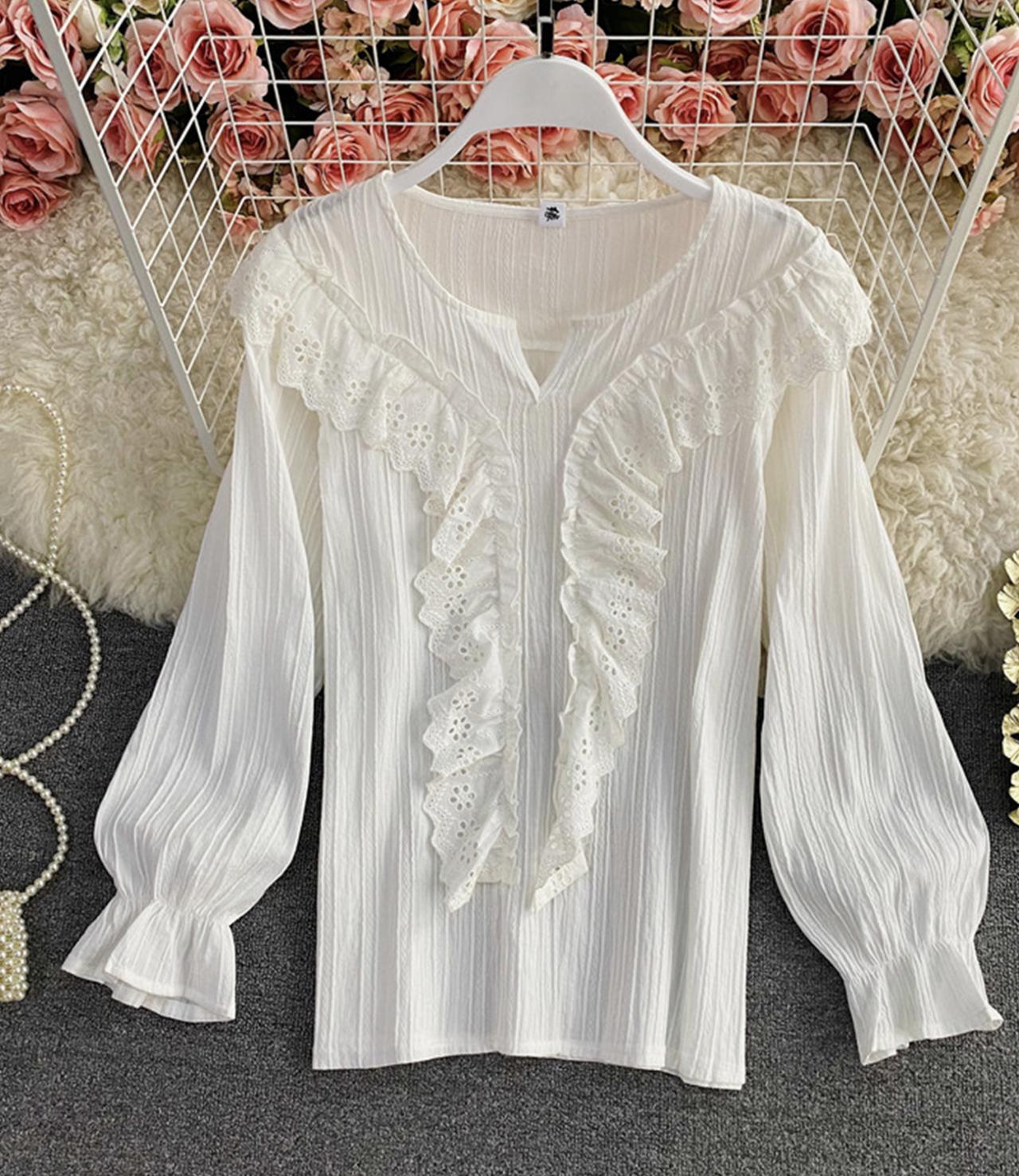 Weiße Spitzentops Langarmshirts 346