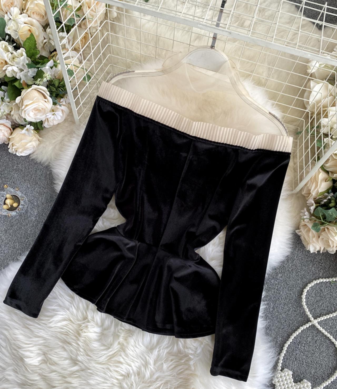 Stylish velvet tops long sleeve see through tops  333