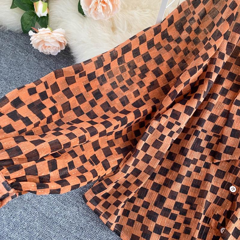 Retro bow round neck long-sleeved check chiffon shirt  316