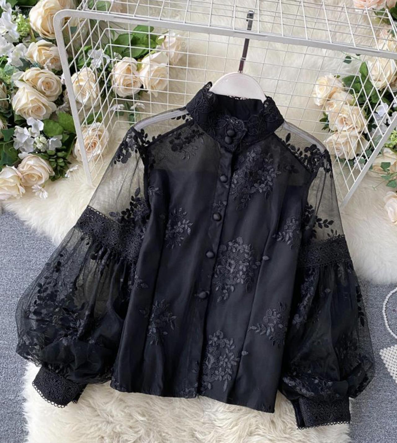 White Fashion Lace Long Sleeve Shirt Top 342
