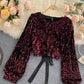 Shiny long sleeve sequins tops open back tops  368