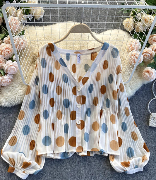 Sweet Polka Dot V Neckline Chiffon Shirt  330