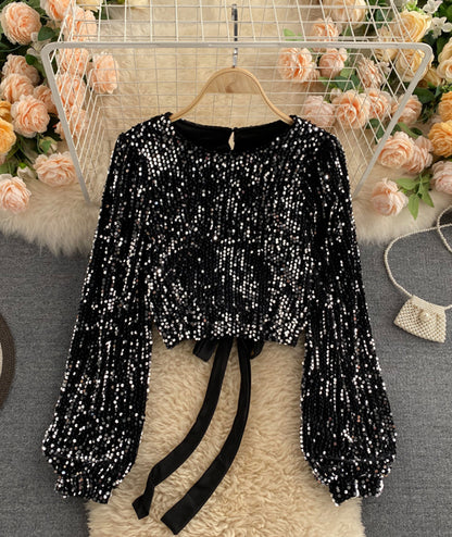 Shiny long sleeve sequins tops open back tops  368