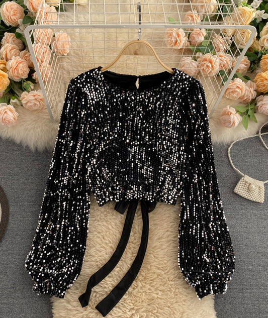 Shiny long sleeve sequins tops open back tops  368