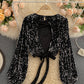 Shiny long sleeve sequins tops open back tops  368